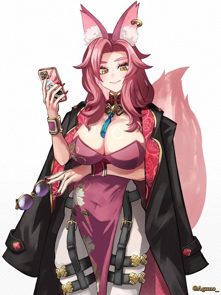 1girl absurdres animal_ear_fluff animal_ears black_coat blush breasts cellphone cleavage coat coat_on_shoulders covered_navel detached_collar dress earrings fate/grand_order fate_(series) fox_ears fox_girl fox_tail gold_trim highres jewelry koyanskaya_(fate) large_breasts long_hair looking_at_viewer nail_polish pantyhose parted_bangs pelvic_curtain phone pink_dress pink_hair round_eyewear shibao_aoyama smile solo sunglasses tail tamamo_(fate) tassel thigh_strap thighs unworn_eyewear white_pantyhose wrist_cuffs yellow_eyes