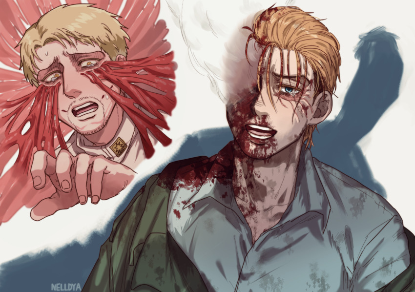 blonde_hair blood blood_on_clothes blood_on_face blue_eyes crying death dying facial_hair facial_mark hair_pulled_back hair_slicked_back injury jacket mina_(als_dk) porco_galliard reiner_braun scar scar_on_face shingeki_no_kyojin short_hair signature smile smoke spoilers