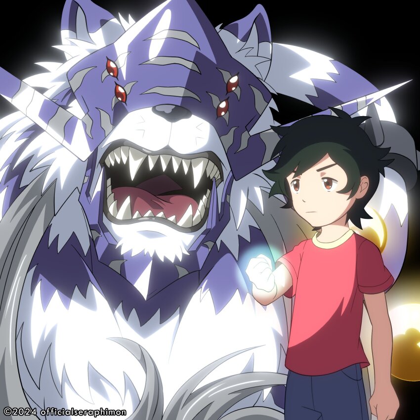 animal_ears baihumon digimon digimon_adventure_tri. highres mask nishijima_daigo officialseraphimon red_eyes short_hair tiger_ears