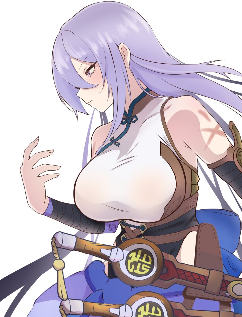 1girl armor bamboo_tac bare_shoulders breasts chinese_clothes corset detached_sleeves duel_monster fleurdelis_(yu-gi-oh!) hair_over_one_eye highres large_breasts long_hair purple_hair scar scar_on_shoulder sidelocks solo sword the_iris_swordsoul very_long_hair weapon white_background yu-gi-oh! yu-gi-oh!_master_duel