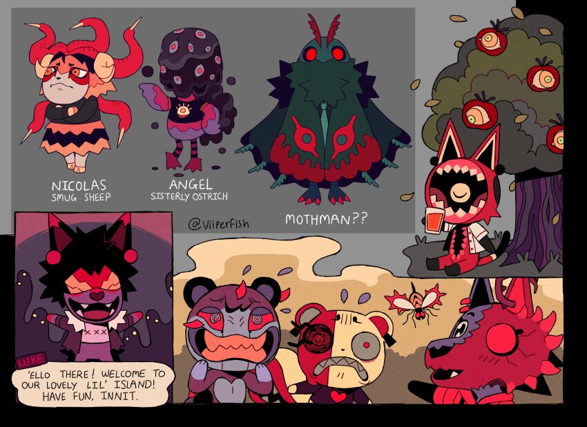 ^_^ angel_(viiperfish) animal_crossing animal_ear_piercing animal_ears antennae apple apple_juice bear_ears black_eyes black_jacket black_shirt black_sleeves body_horror bottomless buttons cat_ears cat_tail character_counter_request closed_eyes closed_mouth commentary crack crossed_arms dion_(viiperfish) dog_ears drink drinking earrings english_commentary english_text extra_eyes extra_mouth eye_print flying_sweatdrops food frown fruit fur-trimmed_jacket fur_trim furry glass grin_(viiperfish) hand_on_own_hip heart heart_print heterochromia highres holding holding_drink hood hoodie hoop_earrings hooves horns jacket jewelry juice leaf long_sleeves luke_(viiperfish) medium_skirt mothman nicolas_(viiperfish) nintendo one-eyed open_clothes open_jacket open_mouth open_shirt orange_skirt original outstretched_arms pointing pointing_at_another red_eyes red_hoodie red_sleeves shadow sharp_teeth sheep_horns shirt short_sleeves sitting skirt solid_circle_eyes speech_bubble t-shirt tail teeth tentacles tree twitter_username viiperfish viper_(viiperfish) wasp wavy_mouth white_horns white_shirt white_sleeves wide-eyed wolf_ears yellow_eyes zach_(viiperfish)