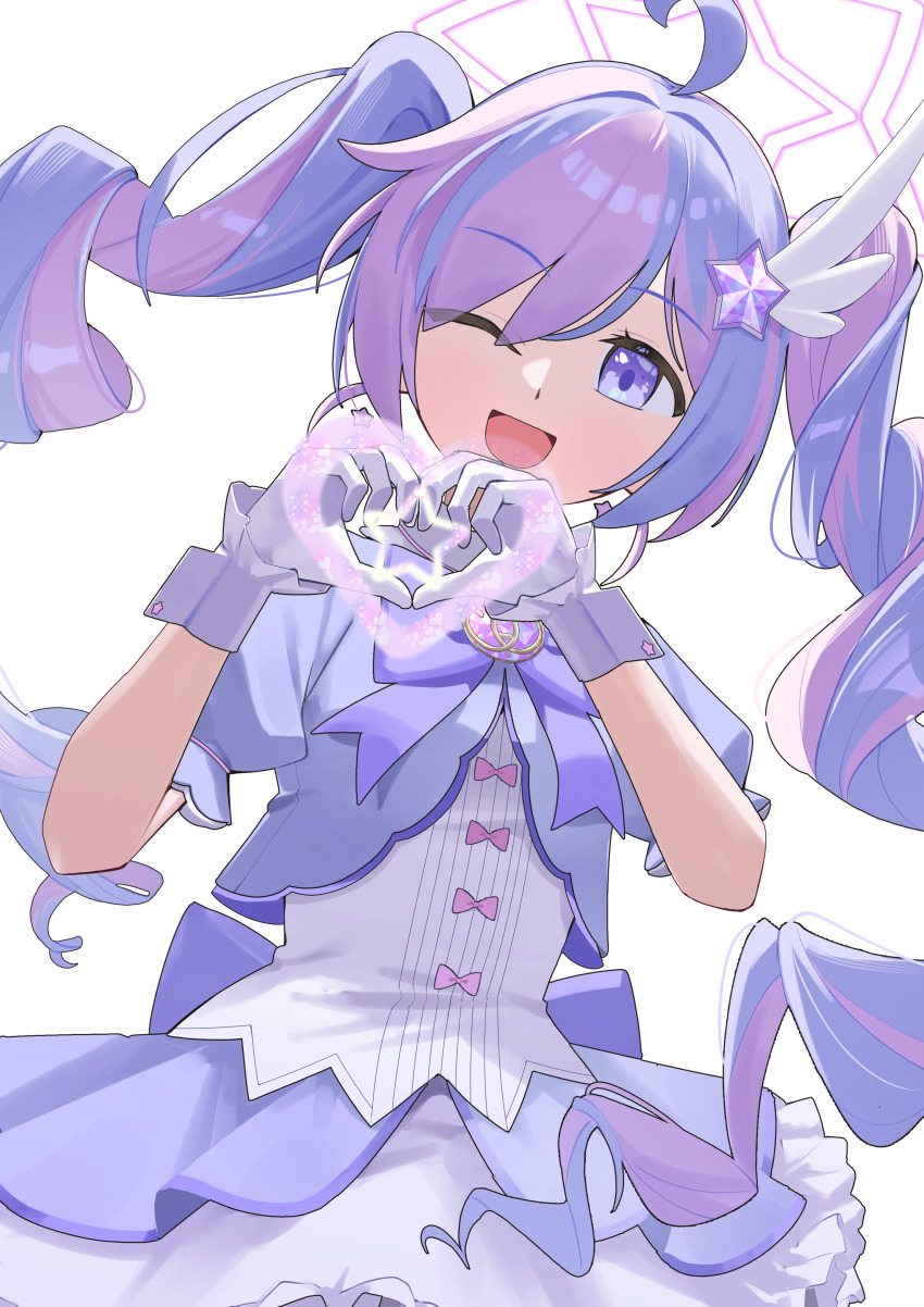1girl absurdres ahoge blue_archive fukujin gloves hair_ornament halo heart heart_hands highres long_hair looking_at_viewer magical_girl multicolored_hair one_eye_closed open_mouth purple_eyes purple_hair reisa_(blue_archive) reisa_(magical)_(blue_archive) short_sleeves smile solo star_(symbol) star_hair_ornament twintails white_background white_gloves