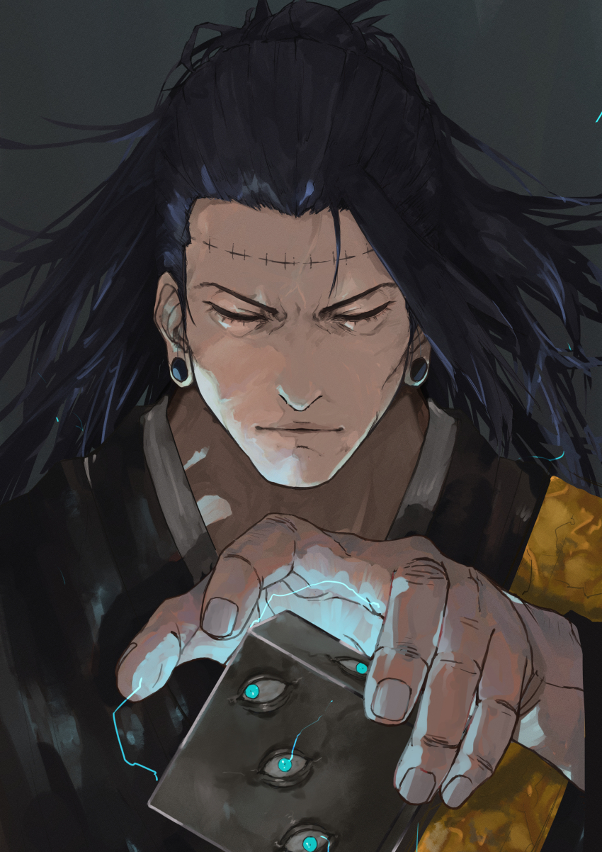 1boy absurdres black_hair blue_eyes closed_eyes closed_mouth cube eyelashes facing_viewer fingernails getou_suguru getou_suguru_(kenjaku) highres japanese_clothes jujutsu_kaisen kenjaku long_earlobes long_hair male_focus neko_no_kedama simple_background solo
