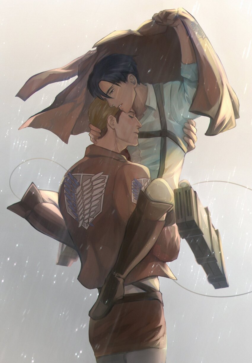 2boys arm_up black_hair blonde_hair brown_eyes brown_footwear brown_hair brown_jacket carrying carrying_person chest_harness closed_eyes closed_mouth collared_shirt commentary english_commentary erwin_smith gravesecrets grey_background hand_on_another&#039;s_back hand_on_another&#039;s_head harness highres holding jacket leg_lock levi_(shingeki_no_kyojin) male_focus multicolored_hair multiple_boys pants paradis_military_uniform parted_lips rain shingeki_no_kyojin shirt short_hair sleeve_cuffs three-dimensional_maneuver_gear two-tone_hair undone_collar unworn_jacket white_pants white_shirt wing_collar yaoi