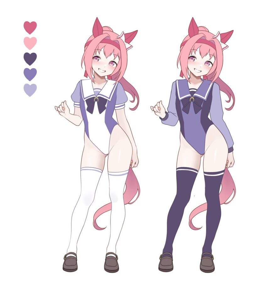 1girl adapted_costume animal_ears blush bow bowtie brown_shoes commentary_request contrapposto ear_bow ear_covers flat_chest full_body grin hair_intakes hairband haru_urara_(umamusume) highres horse_ears horse_girl horse_tail horseshoe_ornament leotard loafers long_hair long_sleeves looking_at_viewer multicolored_leotard multiple_views pink_eyes pink_hair puffy_short_sleeves puffy_sleeves purple_bow purple_bowtie purple_leotard purple_thighhighs red_hairband school_uniform shoes short_sleeves simple_background smile standing tail thighhighs tracen_school_uniform two-tone_leotard ugohato umamusume white_background white_bow white_leotard white_thighhighs