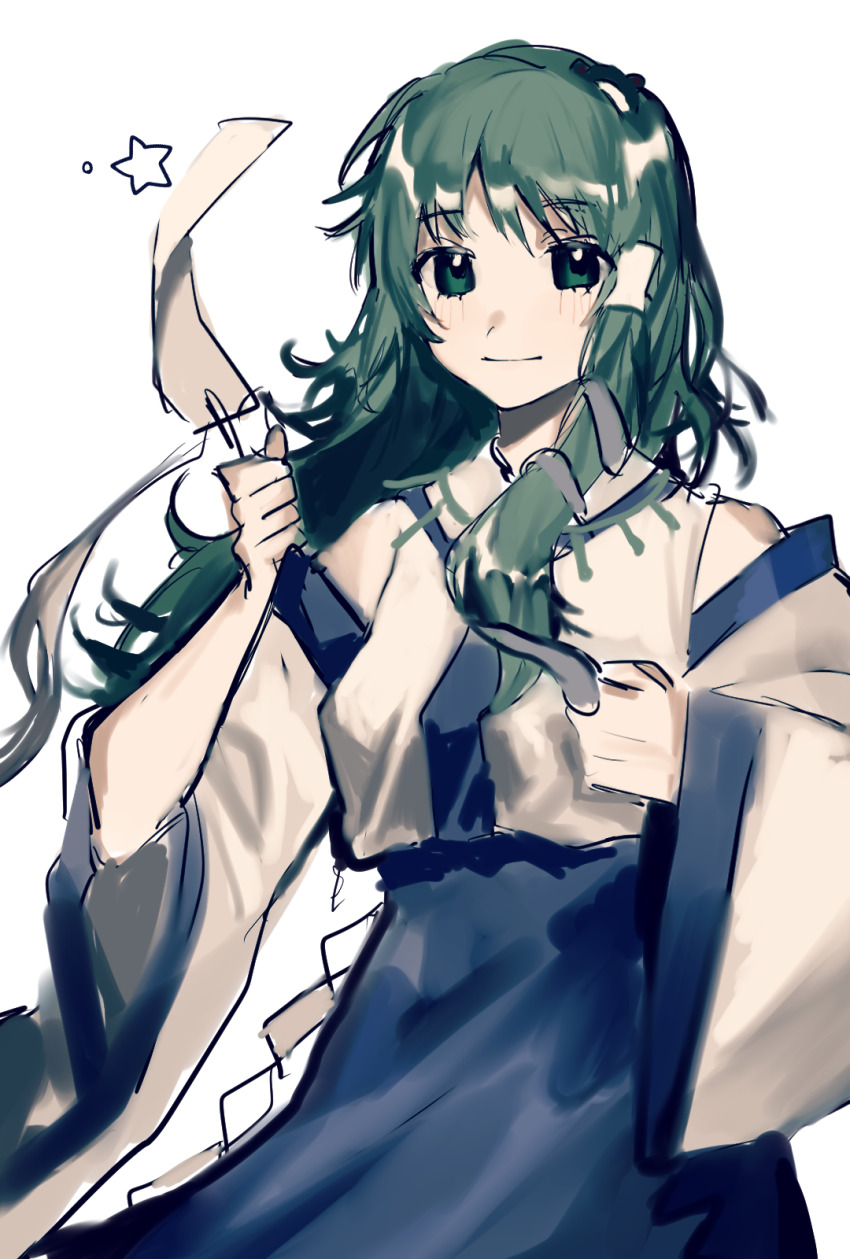 1girl blue_skirt chinese_commentary closed_mouth collared_shirt commentary_request cowboy_shot detached_sleeves frog_hair_ornament green_eyes green_hair hair_ornament hair_tubes heinrich_(fernanderuddle) highres kochiya_sanae long_hair shirt simple_background single_hair_tube sketch skirt sleeveless sleeveless_shirt smile solo star_(symbol) touhou white_background white_shirt white_sleeves
