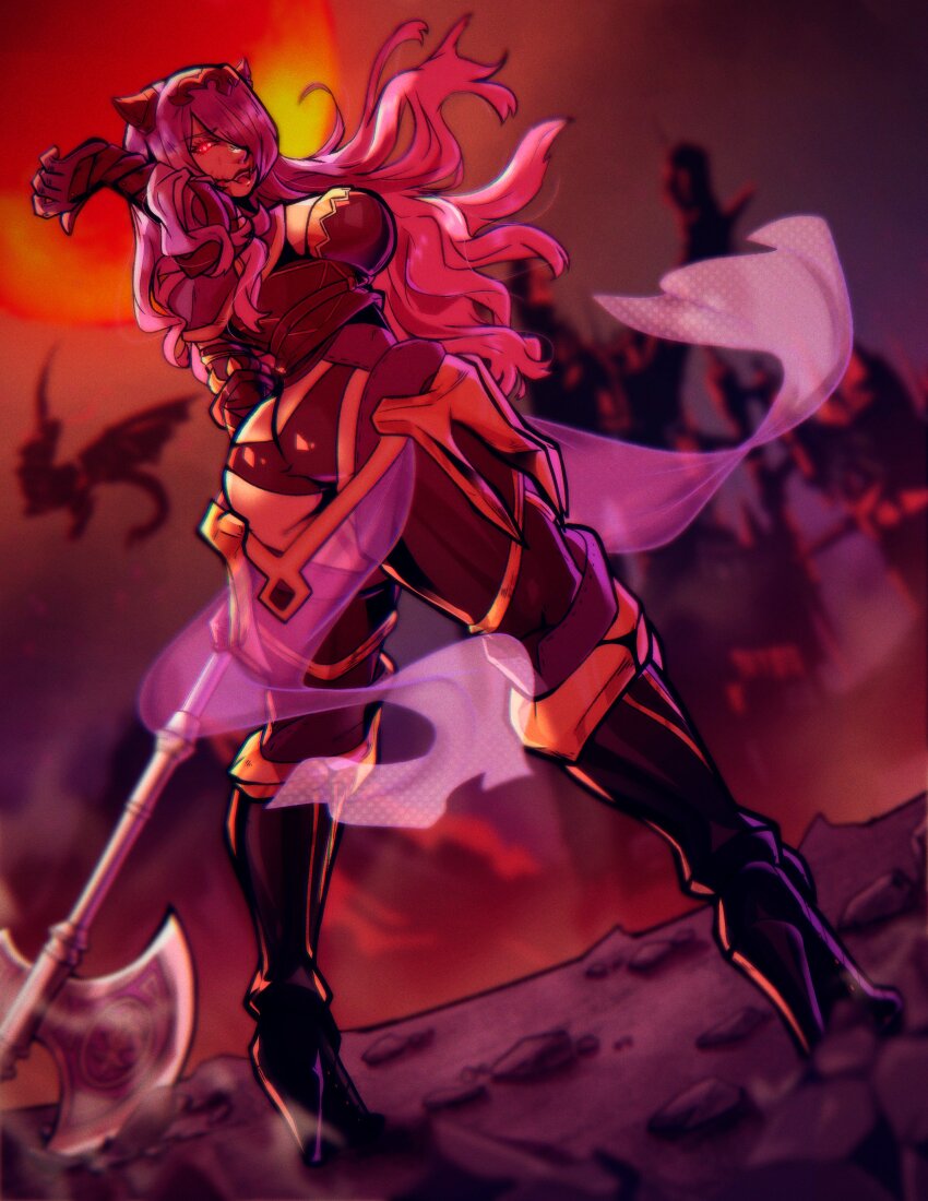 1girl absurdres armor ass ass_focus axe battle_axe black_panties boots breasts butt_crack camilla_(fire_emblem) cleavage commentary dragon english_commentary fire_emblem fire_emblem_fates floating_hair gloves hair_over_one_eye high_heel_boots high_heels highres holding holding_axe huge_weapon large_breasts long_hair looking_at_viewer nintendo outdoors panties purple_hair red_eyes second-party_source sinpadart solo tiara underwear wavy_hair weapon