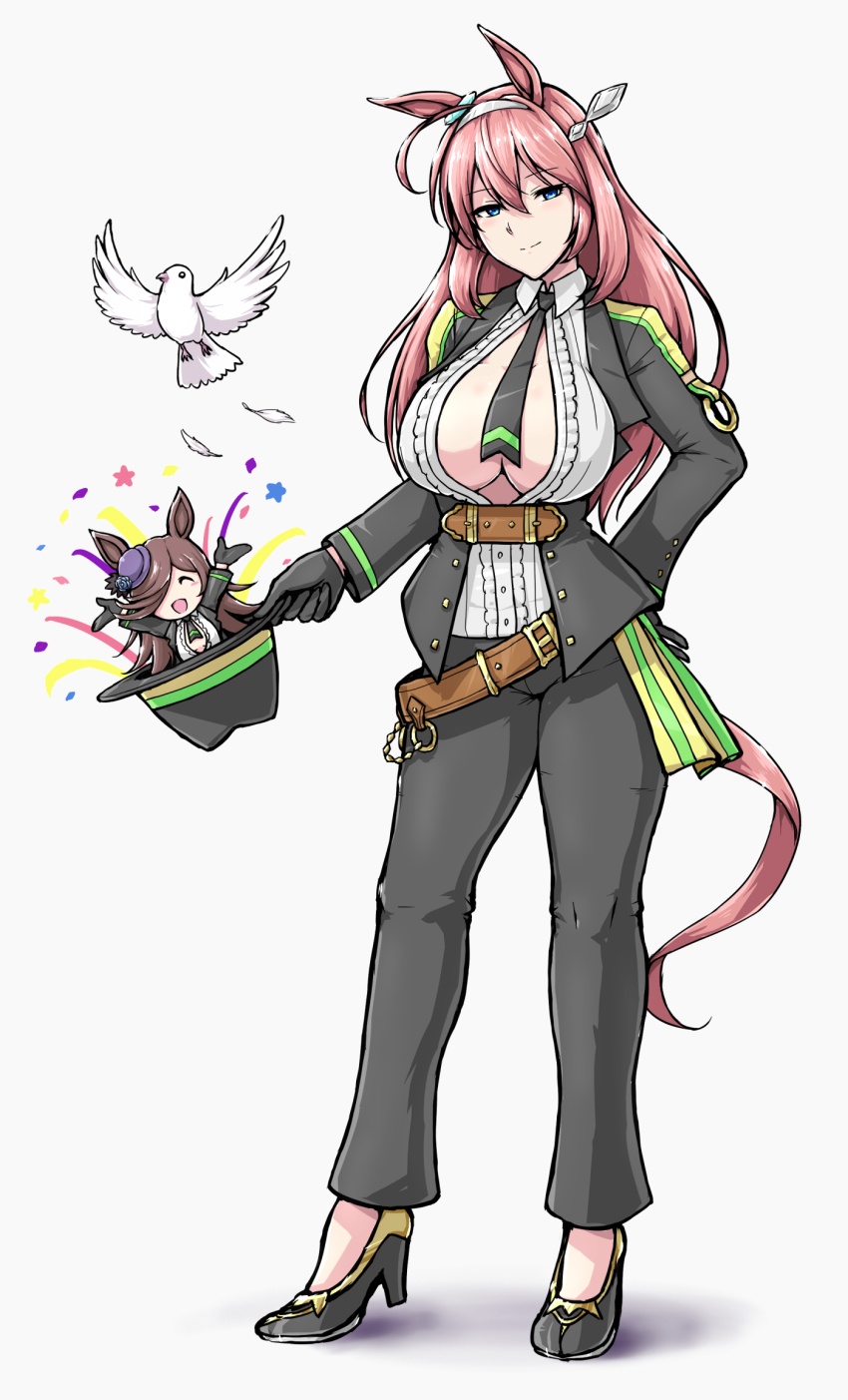 2girls :d ahoge alternate_costume animal_ears arms_up belt bird black_footwear black_gloves black_jacket black_pants blue_eyes blue_flower blue_rose breasts brown_belt brown_hair center_frills cleavage closed_eyes closed_mouth collared_shirt commentary_request cosplay deno_(denomina0) ear_ornament fascinator flower frilled_shirt frills fuji_kiseki_(umamusume) fuji_kiseki_(umamusume)_(cosplay) full_body gloves gold_trim grey_hairband hair_between_eyes hair_over_one_eye hairband hat hat_flower high_heels highres holding holding_unworn_clothes holding_unworn_hat horse_ears horse_girl horse_tail jacket large_breasts long_hair long_sleeves looking_at_viewer mihono_bourbon_(umamusume) mini_person minigirl multiple_girls necktie open_clothes open_jacket open_mouth pants pigeon rice_shower_(umamusume) rose shadow shirt sidelocks simple_background smile standing tail tilted_headwear umamusume underbust unworn_hat unworn_headwear white_background white_shirt
