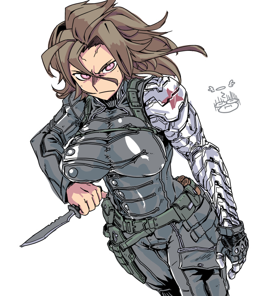 absurdres bodysuit breasts brown_hair bucky_barnes captain_america:_the_winter_soldier captain_america_(series) commentary_request coso-ri cyborg fingerless_gloves genderswap genderswap_(mtf) gloves hair_between_eyes highres holding holding_knife holding_weapon holster knife knife_sheath looking_at_viewer marvel marvel_cinematic_universe mechanical_arms pink_eyes prosthesis prosthetic_arm reverse_grip sheath single_fingerless_glove single_glove single_mechanical_arm weapon white_background winter_soldier