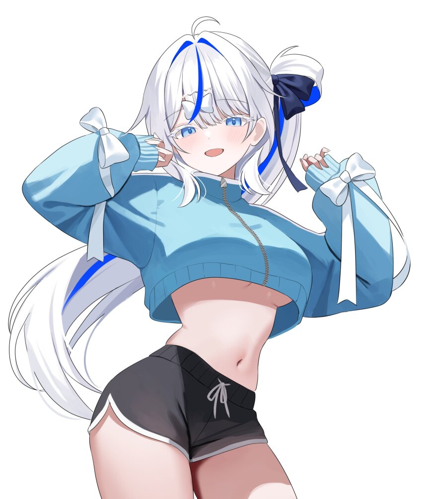 1girl ahoge aokumo_rin black_shorts blue_eyes bow breasts colored_eyelashes contrapposto cowboy_shot crop_top crop_top_overhang dolphin_shorts drawstring hair_bow hair_rings hands_up highres long_hair long_sleeves looking_at_viewer medium_breasts midriff multicolored_hair nannung navel open_mouth puffy_long_sleeves puffy_sleeves short_shorts shorts side_ponytail simple_background smile solo stellive stomach streaked_hair thighs underboob very_long_hair virtual_youtuber white_background white_bow white_eyelashes white_hair zipper