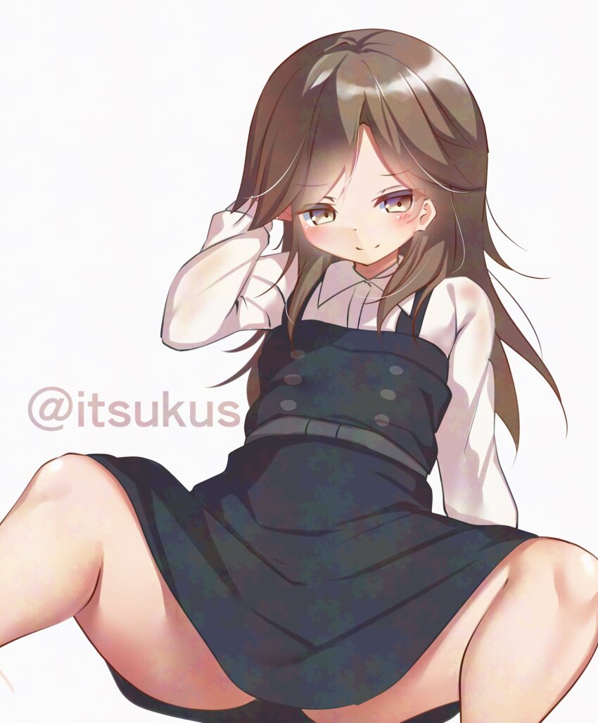 1girl arashio_(kancolle) arashio_kai_ni_(kancolle) black_dress blue_eyes brown_hair collared_shirt dress dress_shirt highres kantai_collection long_hair m_legs miyajima_(anthem-anthem) one-hour_drawing_challenge parted_lips pinafore_dress shirt simple_background sleeveless sleeveless_dress smile solo spread_legs twitter_username white_background white_shirt