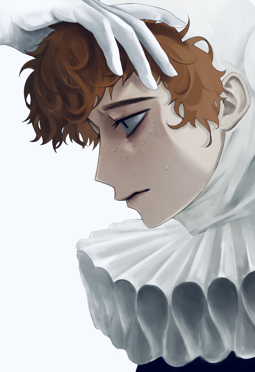 2boys black_eyes blca2s01111 brown_hair clown freckles gloves highres looking_to_the_side male_focus multiple_boys portrait randal&#039;s_friends randal_ivory sebastian_de_tomato_smith_chicken_legs short_hair solo_focus white_gloves
