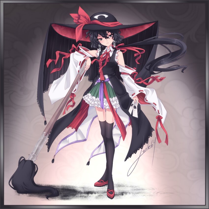 1girl alternate_hair_length alternate_hairstyle bare_shoulders black_border black_coat black_hair black_hat black_thighhighs border bow breasts calligraphy_brush coat collared_shirt detached_sleeves dot_nose earrings enraku_tsubakura eye_of_senri eyelashes floating_hair frilled_hakama frilled_shirt_collar frills full_body genderswap genderswap_(otf) green_hakama grey_background grey_eyes hair_between_eyes hakama hakama_short_skirt hakama_skirt hat hat_bow highres holding holding_calligraphy_brush holding_ofuda holding_paintbrush ink japanese_clothes jewelry lace lace-trimmed_coat lace-trimmed_shirt lace_trim len&#039;en lenk64 long_hair long_sleeves low_ponytail mary_janes neck_ribbon nontraditional_miko ofuda ofuda_earrings oversized_object paintbrush parted_lips ponytail red_bow red_hat red_ribbon red_shoes ribbon ribbon-trimmed_sleeves ribbon_trim shirt shoes signature skirt sleeve_bow sleeveless sleeveless_coat sleeveless_shirt small_breasts solo standing thighhighs top_hat two-sided_fabric two-sided_headwear very_long_hair wavy_hair white_shirt white_sleeves wide_brim wide_sleeves zettai_ryouiki