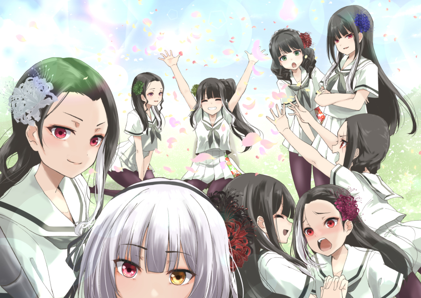 6+girls :d ^_^ arms_under_breasts arms_up assault_lily asymmetrical_bangs between_legs black_flower black_hair black_hairband blue_flower blue_sky blunt_bangs bo_no_hana bow_hairband braid braided_bangs closed_eyes closed_mouth commentary_request crossed_arms crown_braid day facing_another falling_petals fang floral_print flower grass green_eyes green_flower grey_hair grey_neckerchief grin hair_flower hair_ornament hair_ribbon hairband hand_between_legs hei_no_hana heterochromia high_ponytail highres holding_hands interlocked_fingers jin_no_hana ki_no_hana kneeling kou_no_hana long_hair looking_at_another looking_at_viewer low_twintails medium_hair miniskirt multicolored_hair multiple_girls neckerchief no_shoes on_grass on_ground open_mouth otsu_no_hana outdoors outstretched_arms pantyhose parted_bangs parted_lips petals pink_eyes pleated_skirt ponytail ponytail_with_braided_base print_skirt profile purple_eyes purple_flower purple_pantyhose raised_eyebrows red_eyes red_flower ribbon sailor_collar scar scar_across_eye scar_on_face school_uniform serafuku shin_no_hana shirt short_sleeves side_ponytail sidelocks sitting skirt sky smile standing streaked_hair teeth tei_no_hana twintails two-tone_hair upper_teeth_only urutsu_sahari v-shaped_eyebrows v_arms very_long_hair white_flower white_hair white_sailor_collar white_serafuku white_shirt white_skirt yamaguchi_chihiro_(assault_lily) yellow_eyes