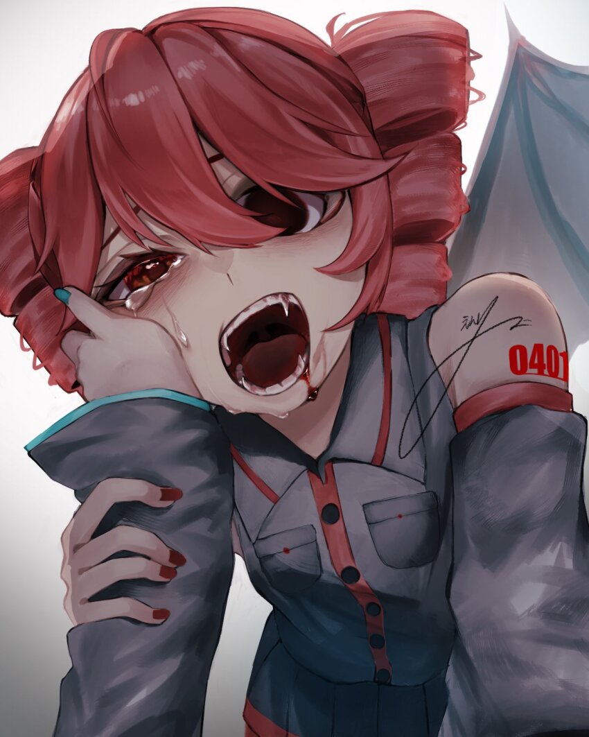 2girls agencypostart black_eyes black_sleeves blood blood_on_face breast_pocket buttons collared_shirt commentary_request detached_sleeves drill_hair drooling_blood fangs fingernails hair_between_eyes hand_on_another&#039;s_cheek hand_on_another&#039;s_face hatsune_miku heterochromia highres kasane_teto kasane_teto_(utau) multiple_girls number_tattoo open_mouth pocket red_eyes red_hair red_nails red_tattoo shirt shoulder_tattoo sleeveless sleeveless_shirt solid_circle_eyes tattoo tears teeth tongue twin_drills utau vocaloid wing_collar