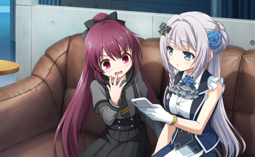 2girls :o amane_tsukasa artist_request ascot bare_arms bare_shoulders black_bow black_corset black_necktie black_ribbon black_sailor_collar black_skirt blouse blue_eyes blue_flower blue_gemstone blue_rose blue_skirt blue_vest bow braid brooch buttons cellphone collared_shirt collared_vest corset couch cowboy_shot cross_hair_ornament dot_nose dress_shirt empty_eyes expressionless eyelashes flower flower_brooch frilled_shirt frills furrowed_brow game_cg gem gloves grey_ascot grey_hair grey_shirt grey_sleeves hair_between_eyes hair_bow hair_bun hair_flower hair_ornament hand_on_own_chin high-waist_skirt highres holding holding_phone indoors jewelry kosho_academy_school_uniform layered_sleeves light_blush long_hair long_sleeves looking_at_object magia_record:_mahou_shoujo_madoka_magica_gaiden magical_girl mahou_shoujo_madoka_magica mahou_shoujo_madoka_magica_magia_exedra multiple_girls neck_ribbon necktie official_art on_couch open_clothes open_mouth open_vest parted_lips phone pink_eyes pleated_skirt ponytail purple_hair ribbon rose sailor_collar scared school_uniform shirt short_over_long_sleeves short_sleeves single_braid single_hair_bun sitting skirt sleeveless sleeveless_shirt smartphone split_ponytail suspender_skirt suspenders table tareme third-party_source tsurime two-tone_skirt very_long_hair vest wavy_mouth white_gloves white_shirt white_skirt yakumo_mitama