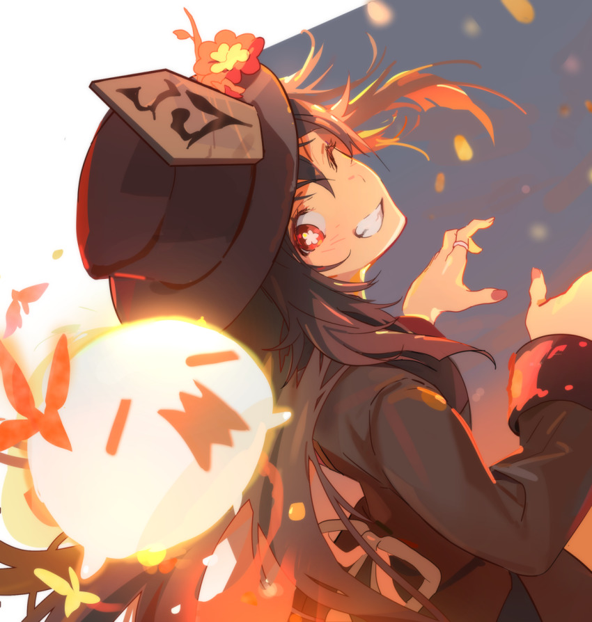 1girl ;d blush brown_hair closed_eyes fingernails flower genshin_impact ghost hat highres hu_tao_(genshin_impact) jewelry long_sleeves nail_polish naye one_eye_closed open_mouth red_eyes ring sad smile solo symbol-shaped_pupils teeth wavy_mouth