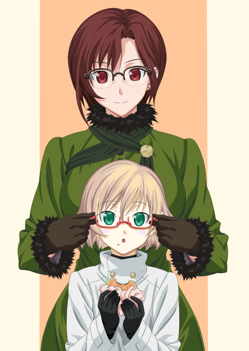 1boy 1girl aozaki_touko aozaki_touko_(mahou_tsukai_no_yoru) aqua_eyes bespectacled blonde_hair burger food food_on_face glasses glasses_day gloves highres lugh_beowulf mahou_tsukai_no_yoru red_eyes red_hair rui_(17312) short_hair type-moon