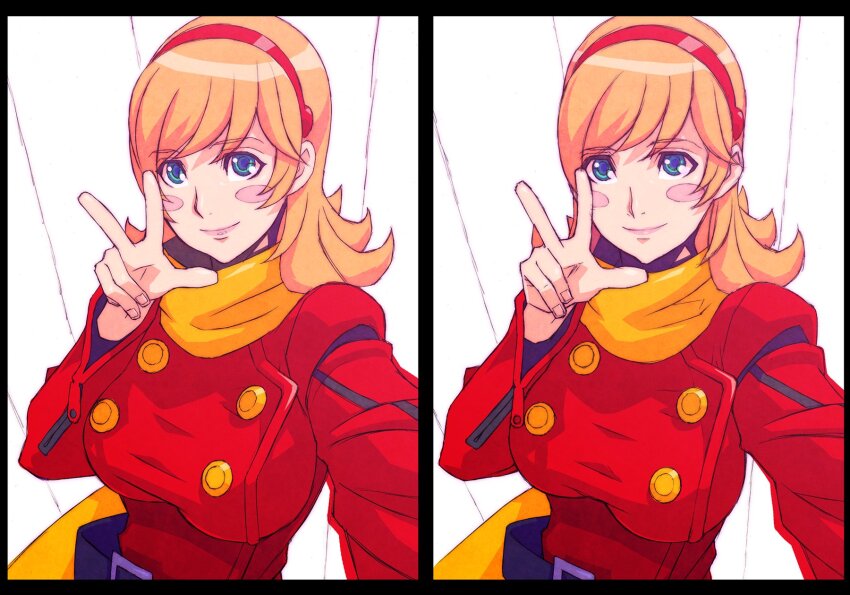 1girl belt blonde_hair blue_eyes blush_stickers breasts closed_mouth coat cyborg_009 francoise_arnoul hairband highres kotobuki_tsukasa long_hair looking_at_viewer red_coat red_hairband scarf smile solo v yellow_scarf