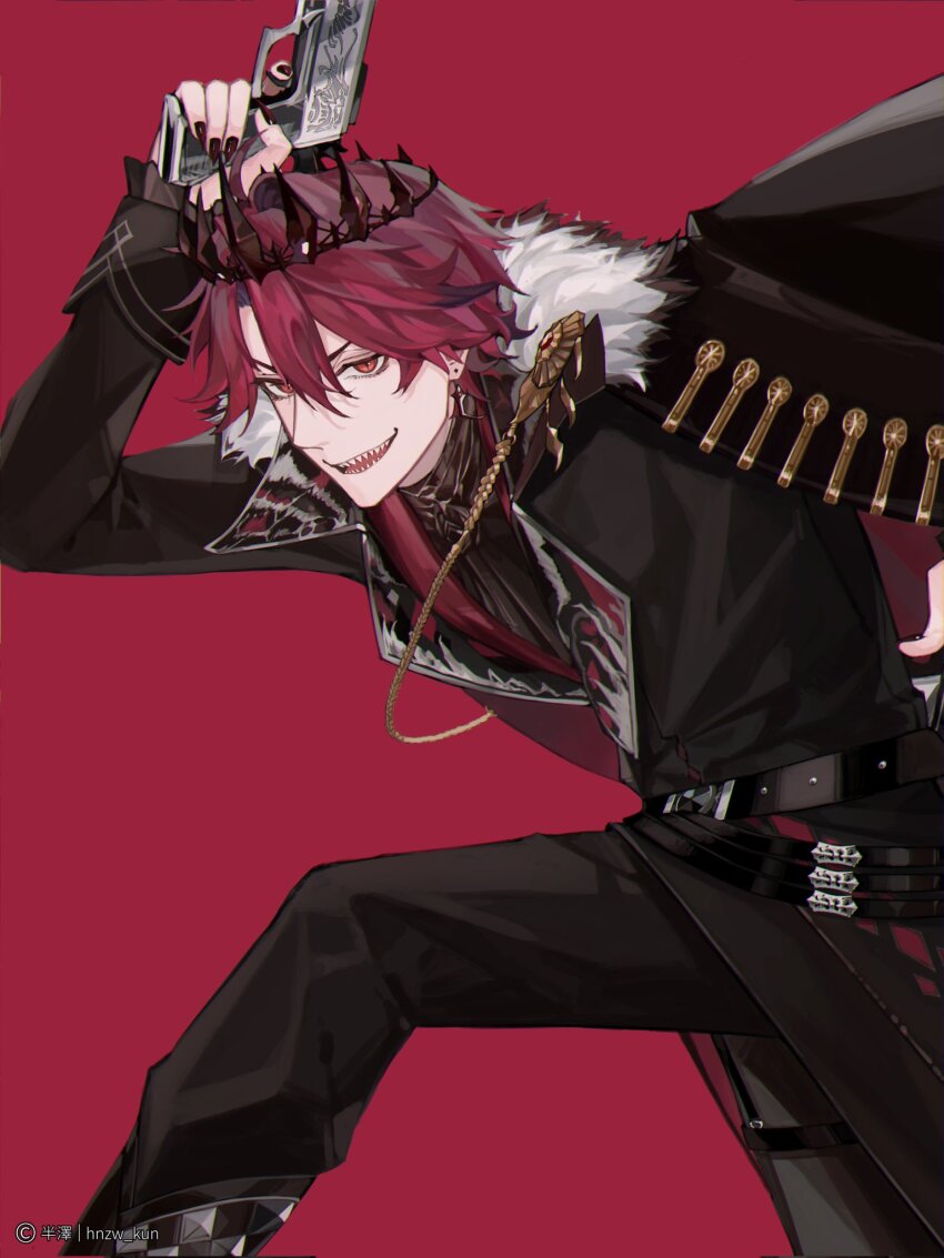 1boy artist_name belt bent_over black_jacket crown earrings finger_on_trigger fur-trimmed_jacket fur_collar fur_trim gun handgun highres hnzw_kun holding holding_gun holding_weapon holostars holostars_english jacket jacket_on_shoulders jewelry jurard_t_rexford male_focus open_mouth red_background red_eyes red_hair sharp_teeth signature simple_background slit_pupils solo teeth virtual_youtuber weapon