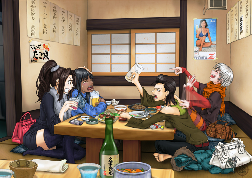 4girls alcohol ashtray bag barefoot beer bikini black_hair black_legwear bottle bowl brown_hair bururururu character_doll cigarette crying_wolf dark-skinned_female dark_skin doll drunk food hand_on_head handbag indian_style jacket laughing laughing_octopus long_hair metal_gear_(series) metal_gear_solid metal_gear_solid_4:_guns_of_the_patriots multiple_girls pantyhose ponytail psycho_mantis raging_raven restaurant revision sake_bottle scarf screaming_mantis short_hair sitting slice_of_life striped_clothes striped_legwear striped_pantyhose swimsuit table tears the_sorrow thighhighs white_hair