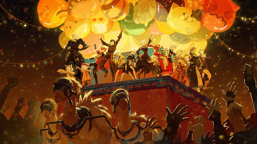 alisaie_leveilleur alphinaud_leveilleur animal_ears aobana armor balloon beak bomb_(final_fantasy) cat_ears chocobo coat confetti crowd dancing dress elezen elf estinien_varlineau fat_chocobo fatter_cat_(ff14) final_fantasy final_fantasy_xiv g&#039;raha_tia good_end hat highres hyur krile_baldesion_(ff14) lalafell lyse_hext minfilia_warde miqo&#039;te moenbryda_wilfsunnwyn night papalymo_totolymo parade pointy_ears tataru_taru thancred_waters urianger_augurelt warrior_of_light_(ff14) y&#039;shtola_rhul