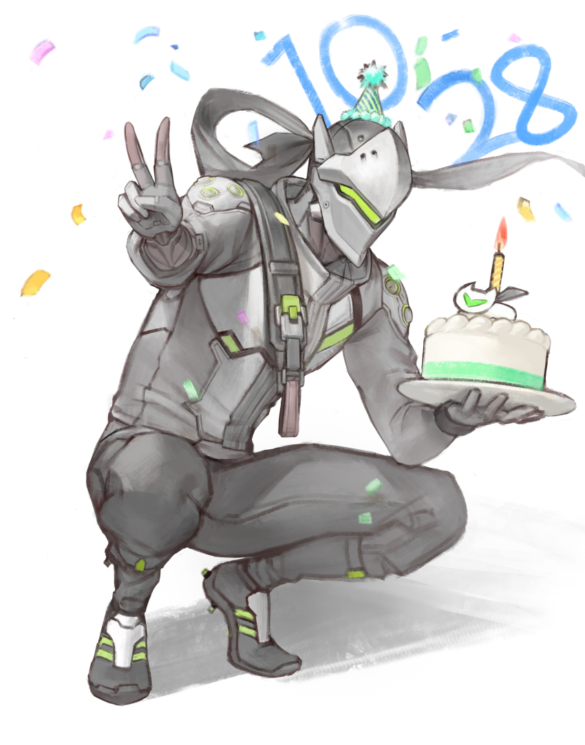 1boy absurdres arm_up birthday cake candle commentary confetti cyborg dated fire food full_body genji_(overwatch) grey_hoodie grey_pants hat highres holding holding_plate hood hoodie long_sleeves male_focus overwatch overwatch_2 pants party_hat plate shadow solo squatting tnd4015 v white_background