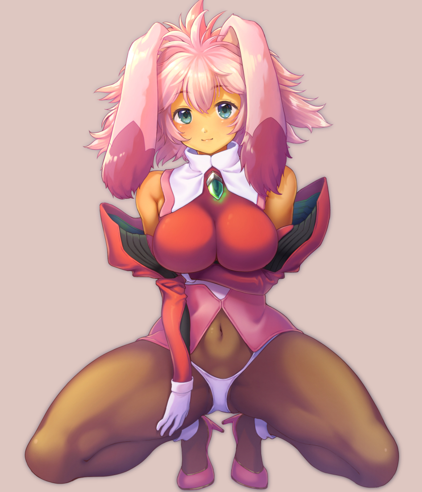 1girl ahoge animal_ears aqua_eyes bare_shoulders black_pantyhose blush bodystocking breasts closed_mouth covered_navel detached_sleeves eyes_visible_through_hair floppy_ears full_body gloves highres long_hair long_sleeves looking_at_viewer magowasabi panties panties_over_pantyhose pantyhose pink_hair rabbit_ears rabbit_tail raised_eyebrows seraphita_(xenogears) shiny_clothes simple_background skin_tight smile solo tail turtleneck underwear white_gloves white_panties xenogears