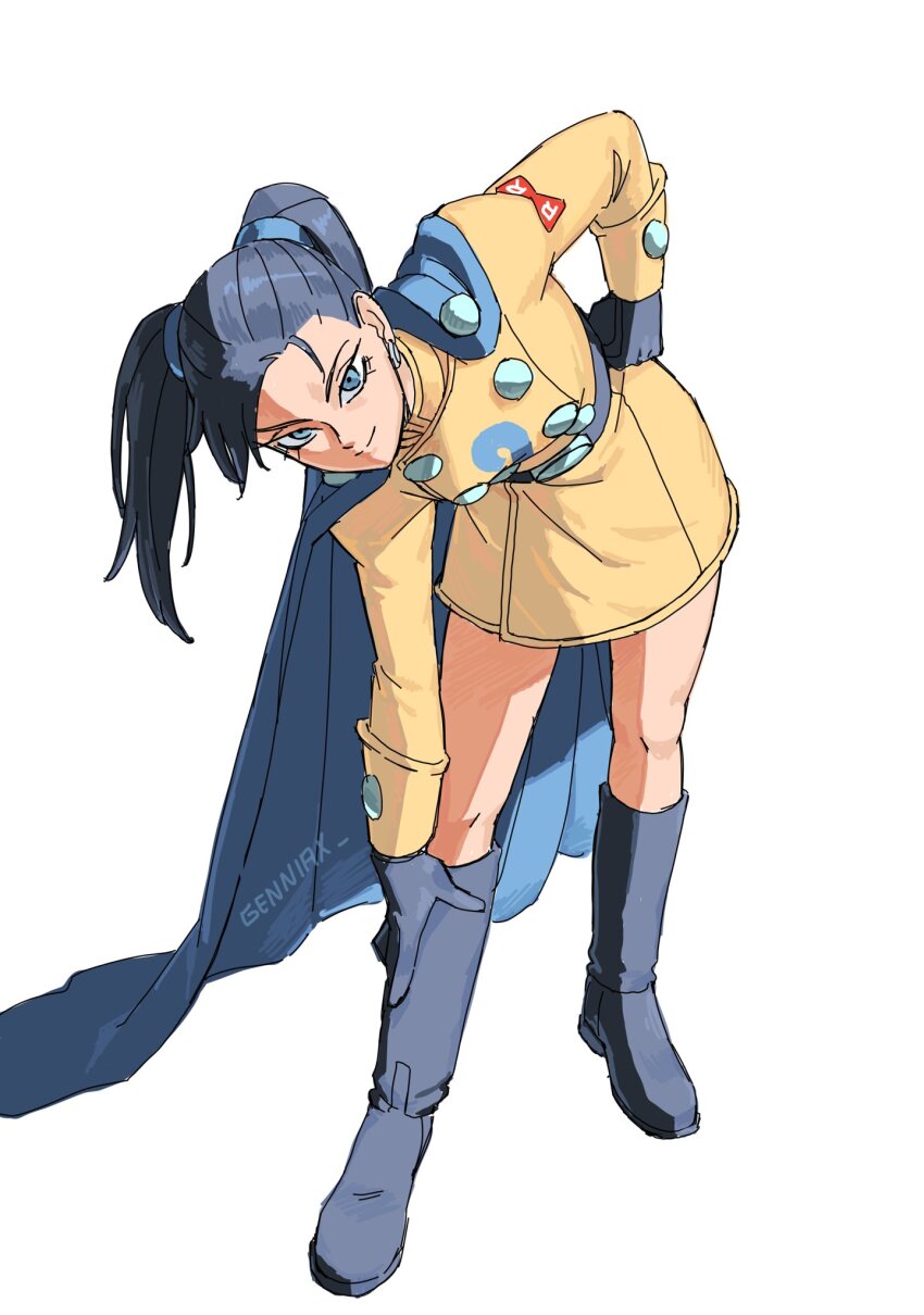 1girl belt black_belt black_boots black_gloves black_hair blue_cape blue_eyes boots cape commentary dragon_ball dragon_ball_super dragon_ball_super_super_hero earrings english_commentary full_body gamma_2 genderswap genderswap_(mtf) genniax gloves hand_on_own_hip hand_on_own_leg highres jewelry leaning_forward looking_at_viewer red_ribbon_army signature skirt smile solo twintails white_background