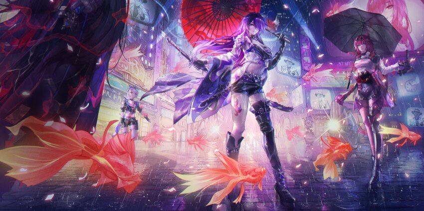 1boy 3girls absurdres acheron_(honkai:_star_rail) armor bandaged_fingers bandaged_hand bandaged_leg bandages black_coat black_footwear black_gloves black_hair black_jacket black_shorts black_umbrella blade_(honkai:_star_rail) blue-tinted_eyewear boots breasts chain chain_around_arm cleavage clockie_(honkai:_star_rail) coat coattails collared_shirt commentary crop_top english_commentary eyewear_on_head fingerless_gloves fish fur-trimmed_jacket fur_trim glasses gloves goggles goggles_on_head gradient-tinted_eyewear grey_hair gun hair_between_eyes hair_ornament hair_over_one_eye hairclip high-waist_shorts highres holding holding_gun holding_sword holding_umbrella holding_weapon honkai:_star_rail honkai_(series) jacket kafka_(honkai:_star_rail) katana knee_boots koi large_breasts leg_tattoo long_hair looking_at_another looking_at_viewer mac-10/11 midriff multicolored_hair multiple_girls navel night official_alternate_costume oil-paper_umbrella open_clothes open_jacket pantyhose pantyhose_under_shorts parted_lips pince-nez purple-tinted_eyewear purple_eyes purple_gloves purple_hair purple_pantyhose rain red_umbrella robin_(honkai:_star_rail) round_eyewear scabbard sheath sheathed shirt short_shorts shorts shoulder_armor silver_wolf_(honkai:_star_rail) single_knee_boot single_thigh_boot single_wide_sleeve standing streaked_hair submachine_gun sunglasses sword tattoo thigh_boots thigh_strap tinted_eyewear transparent transparent_umbrella turbulence umbrella water_drop weapon white_coat white_shirt