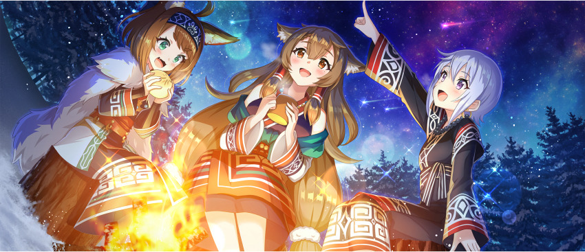 3girls :d ahoge amy_(konosuba) animal_ear_fluff animal_ears bead_necklace beads blue_dress blue_headband braid braided_sidelock breasts brown_eyes brown_hair campfire child chris_(konosuba) cloak cup double-parted_bangs dress droopy_ears dumpling fang fire food from_below fur_cloak game_cg green_eyes green_sash grey_hair hair_between_eyes hair_ornament hair_scrunchie headband highres holding holding_cup holding_food imminent_bite jewelry kono_subarashii_sekai_ni_shukufuku_wo! konosuba!_fantastic_days large_breasts light_blush long_hair long_sleeves looking_up low_twintails matching_outfits medium_hair miia_(konosuba) mole mole_under_eye multiple_girls necklace night night_sky official_alternate_costume official_art open_mouth outdoors patterned_clothing pine_tree pointing pointing_up purple_eyes red_sash sash scrunchie shooting_star short_hair sidelocks sitting on_tree_stump sky sleeveless sleeveless_dress small_breasts smile snow sparkle star_(sky) starry_sky swept_bangs tree tree_stump twintails very_long_hair white_cloak white_dress white_scrunchie