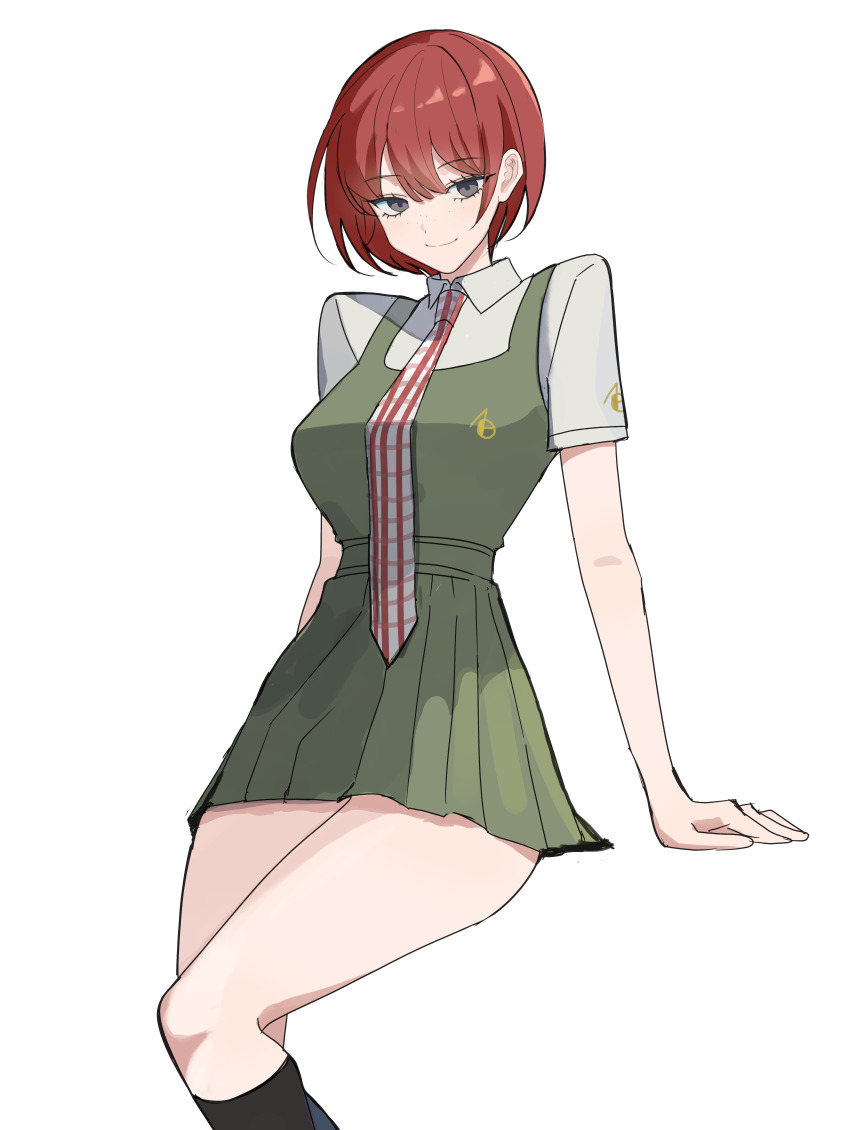 1girl absurdres aqua_background breasts closed_mouth commentary_request danganronpa_(series) danganronpa_2:_goodbye_despair eyelashes green_skirt grey_eyes highres invisible_chair kasuga_kaya koizumi_mahiru korean_commentary large_breasts looking_at_viewer pleated_skirt red_hair simple_background sitting skirt smile solo thighs