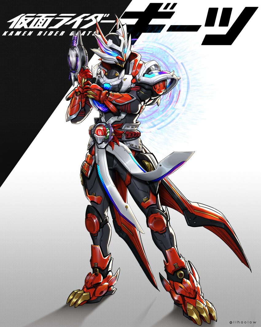 1boy absurdres armor black_bodysuit blue_eyes bodysuit boost_mark_ii_buckle claws commentary compound_eyes copyright_name desire_driver fox_mask glowing glowing_eyes gun helmet highres holding holding_gun holding_weapon kamen_rider kamen_rider_geats kamen_rider_geats_(series) kamen_rider_geats_laser_boost_form kitsune laser_raise_riser lihaolow mask redesign rider_belt tokusatsu weapon white_armor