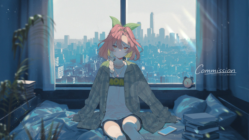 1girl absurdres alarm_clock asymmetrical_bangs bedroom book brown_shirt building cellphone chain chain_necklace city clock closed_mouth clothes_writing commentary commission curtains day denim denim_shorts expressionless forehead hair_between_eyes hair_ornament heart_pendant highres indoors jewelry leaf_hair_ornament long_bangs long_sleeves looking_at_viewer necklace on_bed open_clothes open_shirt orange_eyes original phone pile_of_books pillow pink_hair plaid_clothes plaid_shirt print_shirt scenery shade shiomi_(lowrise) shirt short_hair short_shorts shorts sitting skyline skyscraper sleeves_past_wrists smartphone solo straight-on t-shirt thighhighs unbuttoned white_shirt white_thighhighs window