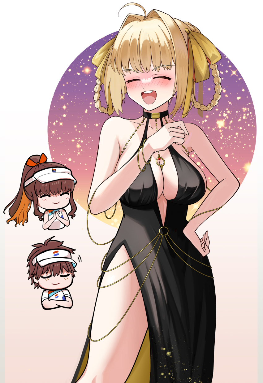 1boy 2girls absurdres ahoge bare_shoulders bb_(fate) bb_dubai_(fate) bb_dubai_(fate)_(cosplay) black_choker black_dress blonde_hair breasts brown_hair center_opening choker clapping closed_eyes cocktail_dress core_(rofyx69) cosplay crossed_arms dress fate/extra fate/grand_order fate_(series) hair_intakes hair_ribbon highres jewelry kishinami_hakuno_(female) kishinami_hakuno_(male) large_breasts multiple_girls necklace nero_claudius_(fate) open_mouth oval_background ribbon short_hair single_bare_leg smile teeth upper_teeth_only visor_cap white_background yellow_ribbon