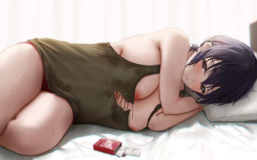 1girl areola_slip armpit_crease aruhi_(pyxk7325) bare_arms blush breasts brown_eyes cleavage come_hither commentary_request condom condom_box condom_wrapper cowboy_shot cross-laced_clothes cross-laced_top eyelashes green_shirt hand_under_pillow head_on_pillow highres lace lace-trimmed_panties lace_trim large_breasts looking_at_viewer lying no_bra no_pants on_bed on_side original panties parted_lips pillow purple_hair red_panties shiny_skin shirt short_hair simple_background sleeveless sleeveless_shirt solo sweaty_clothes thighs underwear white_background
