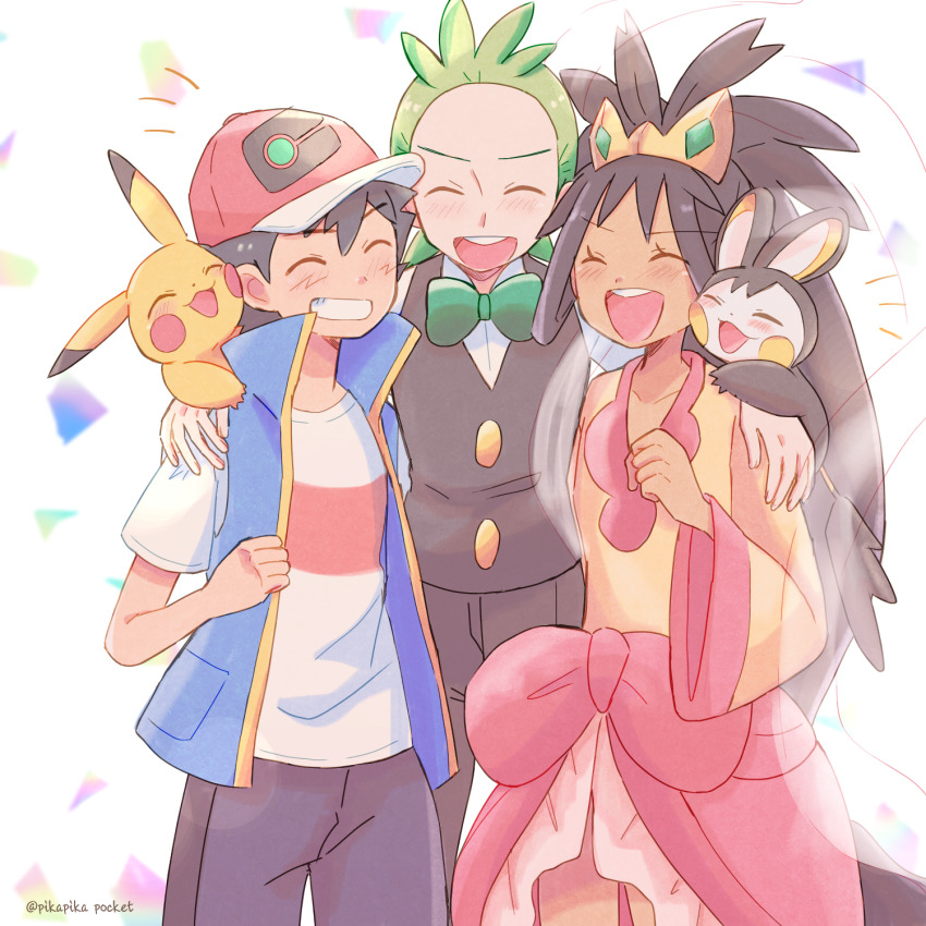 1girl 2boys :3 ash_ketchum baseball_cap black_hair black_pants black_vest blue_vest blush bow bowtie cilan_(pokemon) closed_eyes commentary_request creatures_(company) dark-skinned_female dark_skin dot_nose dress emolga eyelashes game_freak gen_1_pokemon gen_5_pokemon green_bow green_bowtie green_hair hand_on_another&#039;s_shoulder hat highres ichi_(pikapikapocket) iris_(pokemon) long_hair multiple_boys nintendo official_alternate_costume on_shoulder open_clothes open_mouth open_vest pants pikachu pokemon pokemon_(anime) pokemon_(creature) pokemon_bw_(anime) pokemon_journeys pokemon_on_shoulder purple_hair red_hat shirt short_hair short_sleeves smile t-shirt teeth tiara upper_teeth_only very_long_hair vest white_background white_shirt