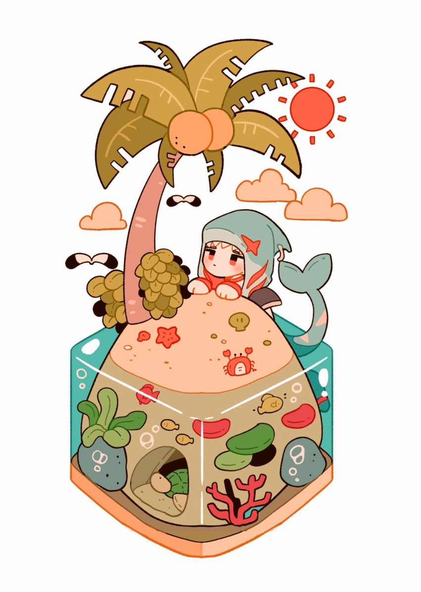 1boy animal_hood bird bubble closed_mouth cloud coconut coral crab diorama expressionless fins fish fish_tail highres hood hood_up identity_v island isometric looking_at_object looking_up male_focus naib_subedar naib_subedar_(sharkbite) official_alternate_costume palm_tree partially_submerged red_eyes rock seagull seashell seaweed shark_boy shark_hood shark_tail shell simple_background solo starfish sun tail tree turtle water white_background whybe123