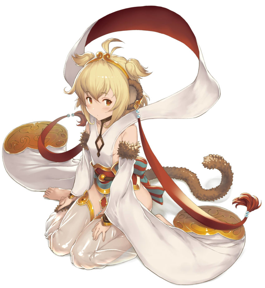 10s 1girl andira_(granblue_fantasy) animal_ears antenna_hair bare_shoulders barefoot blonde_hair bow breasts brown_hair collarbone commentary_request covered_erect_nipples detached_pants detached_sleeves ear_piercing female_focus fur-trimmed_sleeves fur_trim gradient_hair granblue_fantasy hairband hand_on_ankle highres knees_together_feet_apart large_bow long_sleeves looking_at_viewer monkey_ears monkey_tail multicolored_hair orange_eyes piercing sash see-through_clothes short_hair sideboob simple_background sitting small_breasts solo striped_bow tail tareme wariza white_background wide_sleeves yn_red