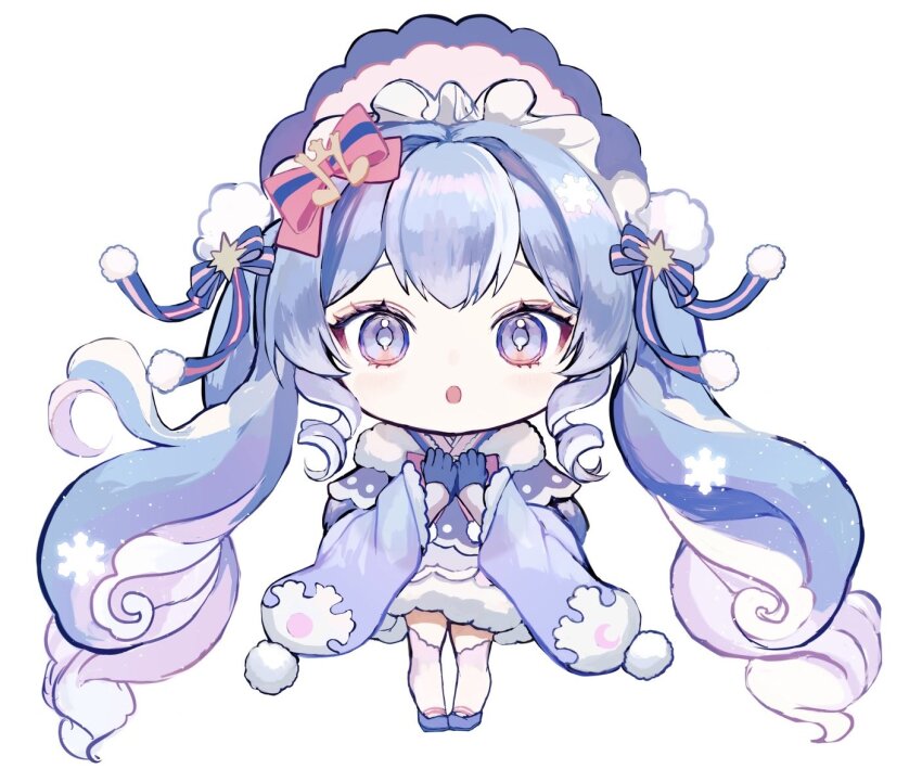 1girl :o blue_bow blue_eyes blue_footwear blue_gloves blue_hair blue_hat blue_kimono blue_ribbon bow capelet chibi commentary frilled_hat frills full_body fur-trimmed_capelet fur_trim gloves gradient_hair hair_bow hair_ornament hat hatsune_miku japanese_clothes kimono long_sleeves looking_at_viewer multicolored_hair official_alternate_costume official_alternate_hairstyle open_mouth pink_bow pink_thighhighs pipi_(pipinavigation) pom_pom_(clothes) pom_pom_hair_ornament red_bow ribbon sidelocks simple_background snowflake_hair_ornament solo thighhighs twintails vocaloid white_background wide_sleeves yuki_miku yuki_miku_(2023)