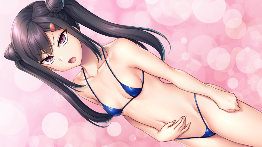 1girl :o aiue_oka angry arm_at_side bikini black_hair blue_bikini breasts cone_hair_bun double_bun game_cg hair_bun hand_on_own_stomach long_hair looking_at_viewer micro_bikini navel non-web_source official_art open_mouth pink_background polka_dot polka_dot_background saimin_seishidou saimin_seishidou_-secret_lesson- small_breasts solo swimsuit twintails yuuki_airi