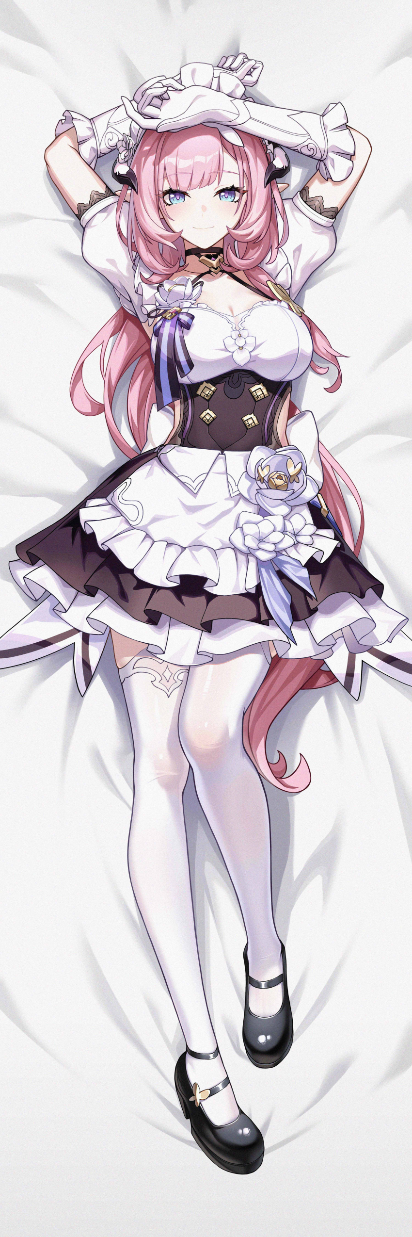 1girl absurdres alternate_costume apron arms_up bed black_dress black_horns black_shoes blue_eyes breasts chinese_commentary cleavage closed_mouth collarbone commentary_request dakimakura_(medium) dress elbow_gloves elysia_(honkai_impact) elysia_(miss_pink)_(honkai_impact) elysia_(miss_pink_elf)_(honkai_impact) enmaided film_grain from_above full_body gloves highres honkai_(series) honkai_impact_3rd horns huiqian large_breasts light_blush looking_at_viewer lying maid maid_headdress official_alternate_costume on_back on_bed pink_hair pink_pupils pointy_ears shoes smile solo thighhighs waist_apron white_gloves white_thighhighs