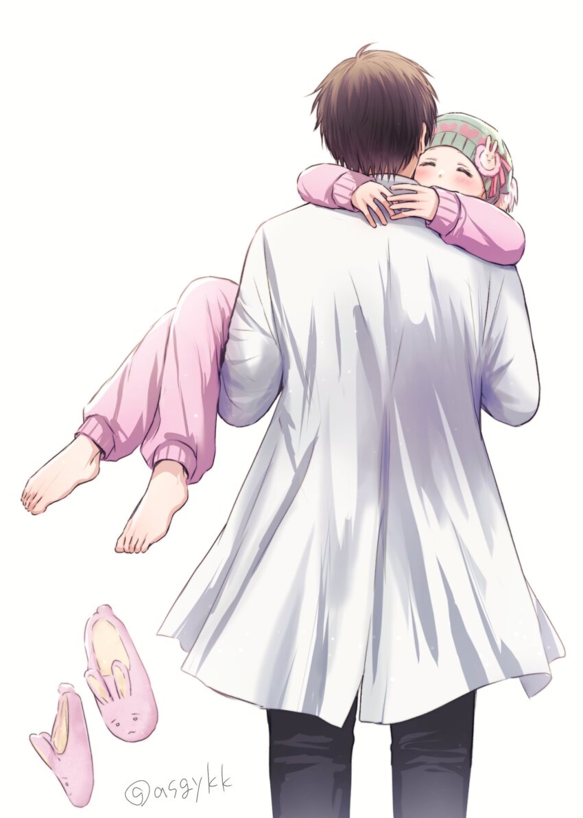 1boy 1girl ^_^ amamiya_gorou animal_slippers asgykk beanie brown_hair bunny_slippers carrying closed_eyes hair_ornament hat highres hug lab_coat oshi_no_ko pajamas pink_pajamas princess_carry rabbit_hair_ornament shoes unworn_shoes slippers tendouji_sarina
