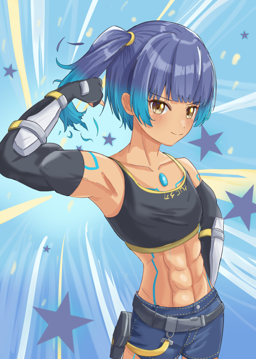 1girl abs bare_shoulders blue_hair breasts brown_eyes elbow_gloves gloves highres medium_hair muscular muscular_female sena_(xenoblade) shorts side_ponytail sleeveless small_breasts star_(symbol) tokuh_(toku_h_) xenoblade_chronicles_(series) xenoblade_chronicles_3