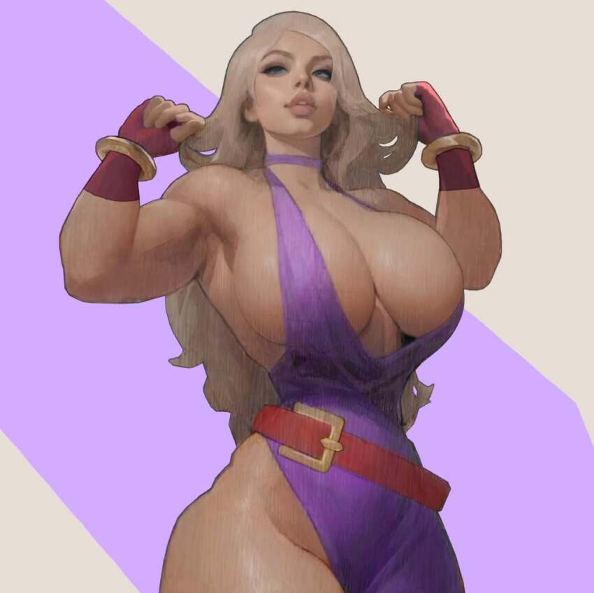 1girl b._jenet bare_shoulders breasts cleavage curvy dress fatal_fury fingerless_gloves garou:_mark_of_the_wolves gloves huge_breasts ickpot large_breasts lips long_hair looking_at_viewer mature_female narrow_waist navel non-web_source pinup_(style) realistic snk solo the_king_of_fighters thick_lips thick_thighs thighs toned toned_female wide_hips