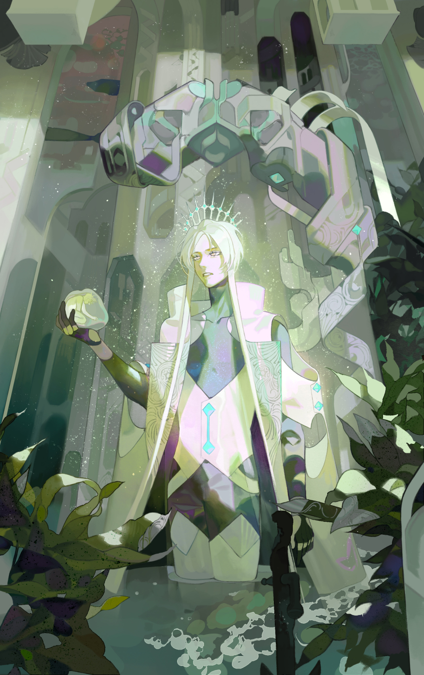1boy absurdres cape highres leaf male_focus original parted_lips partially_submerged plant short_hair_with_long_locks solo white_cape white_hair xiaoquandianer yellow_eyes