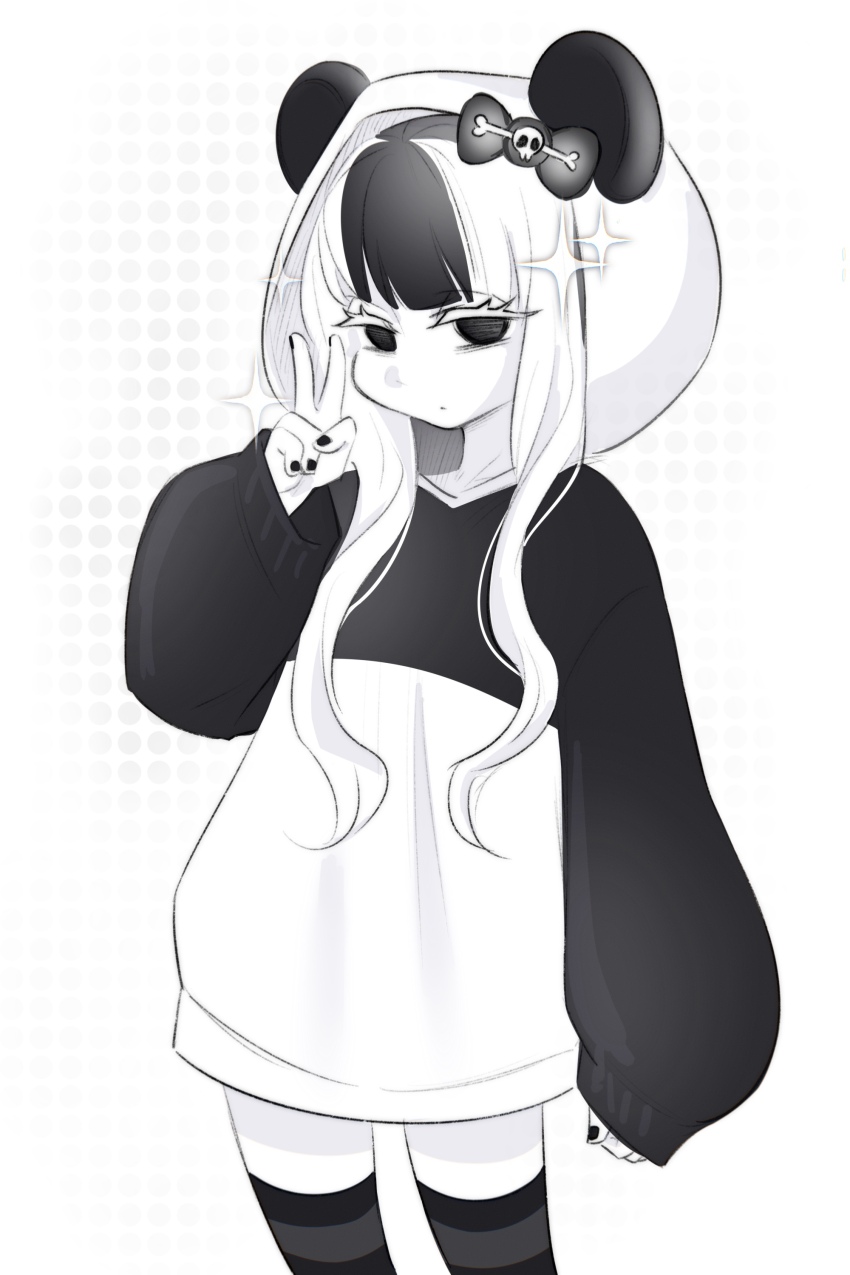 1girl absurdres aged_down animal_ears animal_hood arm_up beenya black_bow black_eyes black_hair black_thighhighs bound bow closed_mouth female_focus highres hood hoodie looking_at_viewer medium_hair multicolored_hair nose original panda_(beenya) panda_ears panda_girl panda_hood shadow solo standing star_(symbol) thighhighs white_background white_hair