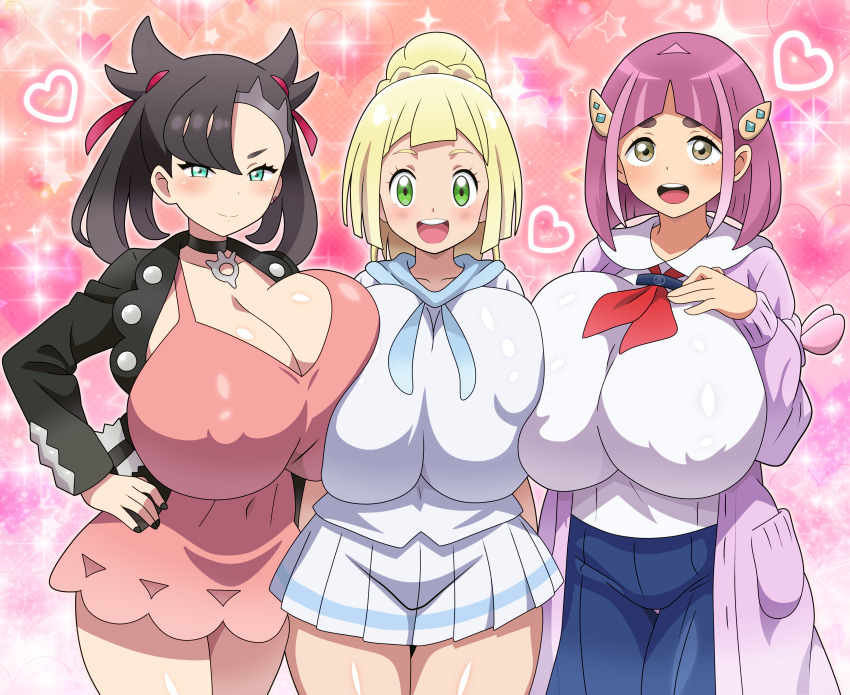 3girls absurdres alternate_breast_size asymmetrical_bangs black_hair black_jacket black_nail_polish black_nails blonde_hair blue_eyes breast_press breasts cleavage coat covered_erect_nipples dot_nose dress eyelashes female_focus fingernails green_eyes heart highres hitokiwa_kenchin huge_breasts jacket lacey_(pokemon) lillie_(pokemon) long_hair looking_at_viewer marnie_(pokemon) multiple_girls nail_polish nintendo open_mouth pink_dress pink_hair pokemon pokemon_sm pokemon_sv pokemon_swsh purple_coat shiny_clothes shiny_skin short_hair smile symmetrical_docking thick_eyebrows