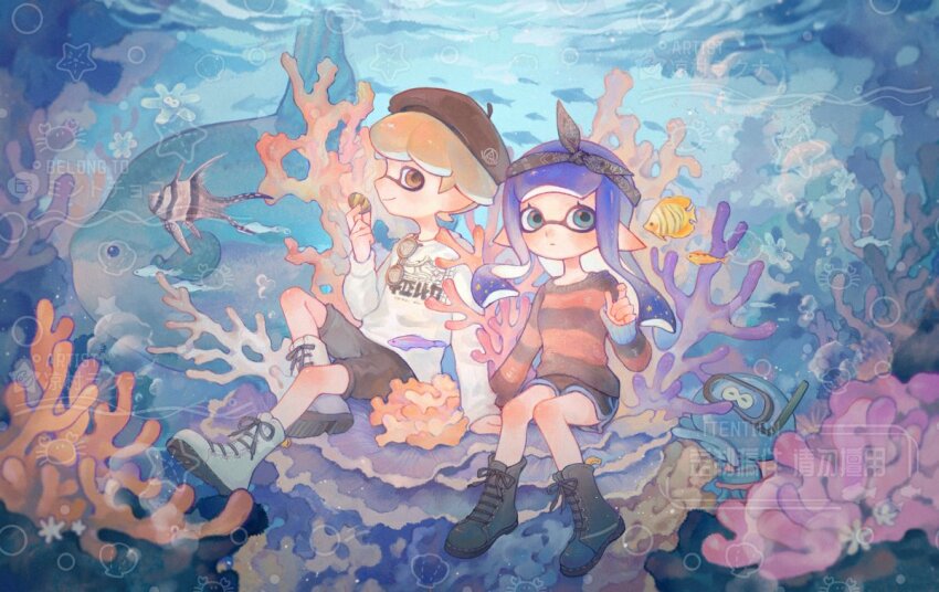 1boy 1girl air_bubble arched_bangs arm_support bandana beret black_bandana black_shorts black_sweater blonde_hair blue_eyes blue_hair boots brown_hat bubble clam_shell closed_mouth commentary_request coral dolphin_shorts eyewear_hang fish full_body hat holding inkling inkling_boy inkling_girl inkling_player_character jellyfish_(splatoon) liang_cun_rakuna light_blush long_hair long_sleeves nintendo orange_eyes pointy_ears print_sweater red_sweater short_hair shorts sitting smile splatoon_(series) striped_clothes striped_sweater sweater tentacle_hair underwater unworn_eyewear watermark white_footwear white_sweater