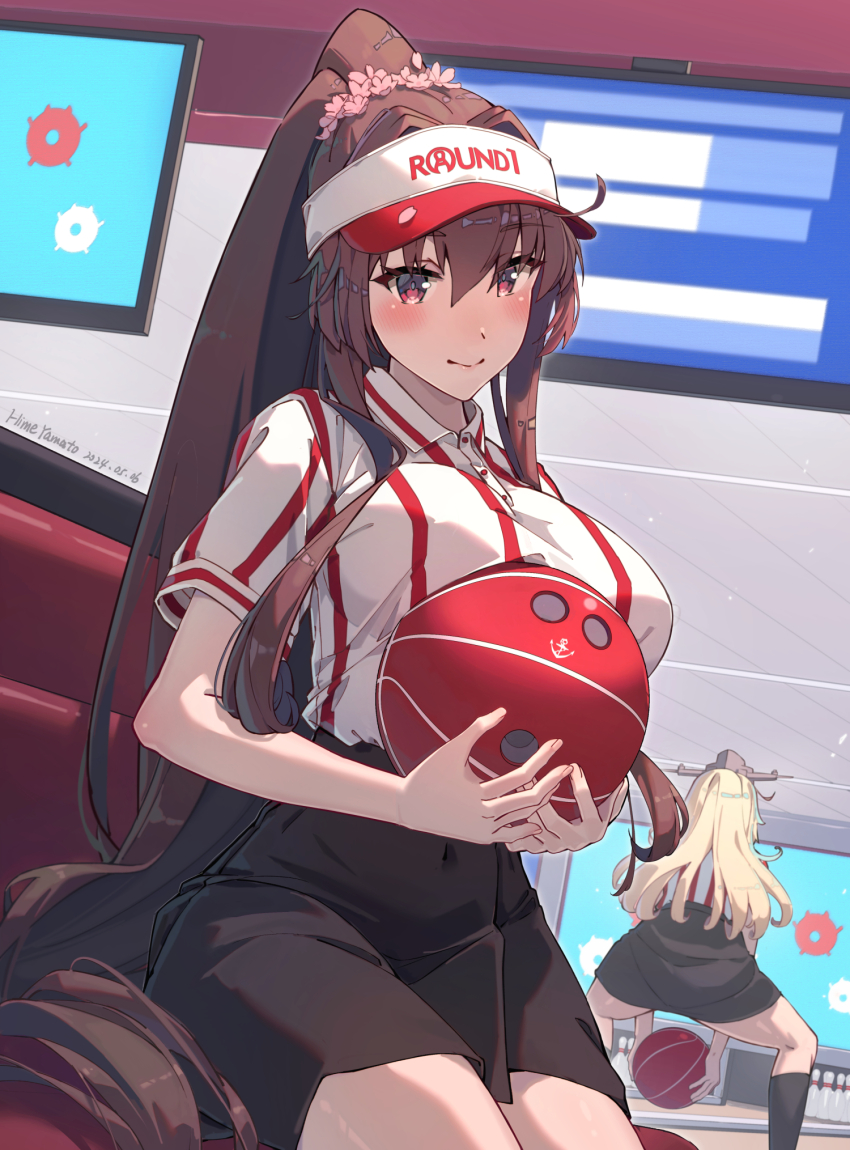 2girls alternate_costume ball black_skirt black_socks blonde_hair bowling bowling_alley bowling_ball bowling_pin breasts brown_hair cherry_blossoms flower hair_between_eyes hair_flower hair_intakes hair_ornament headgear highres himeyamato holding holding_ball indoors iowa_(kancolle) kantai_collection large_breasts long_hair miniskirt multiple_girls ponytail red_eyes red_umbrella shirt short_sleeves sidelocks skirt smile socks solo_focus striped_clothes striped_shirt umbrella vertical-striped_clothes vertical-striped_shirt very_long_hair visor_cap yamato_(kancolle)